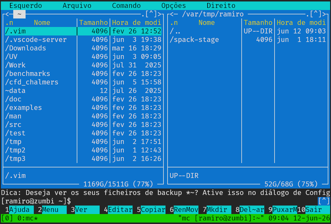 mc em uma sessão do tmux
